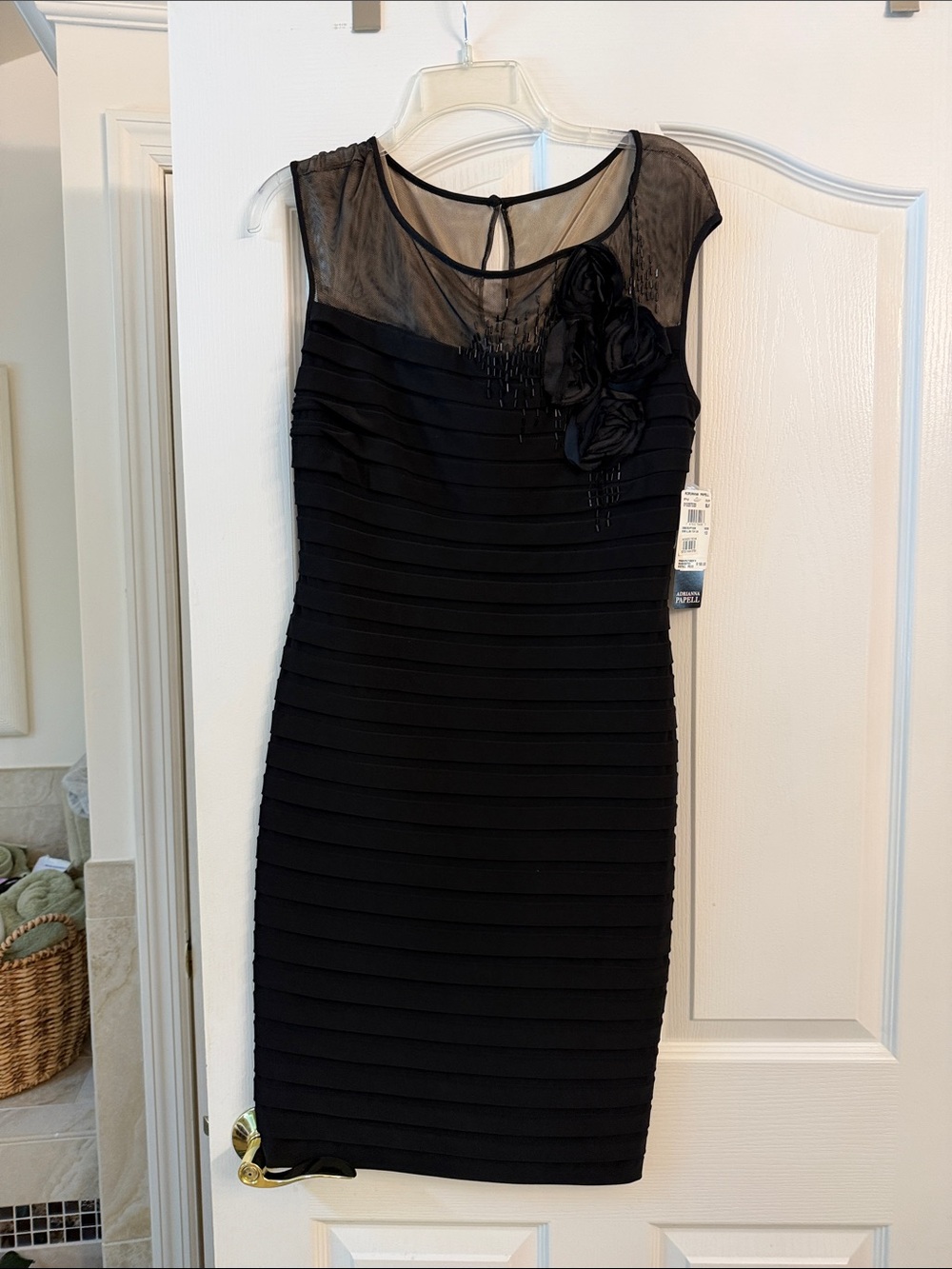 Adrianna Papell Black Sheath Dress with Mesh Yoke and Floral Rosette